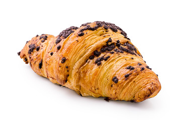 Croissant with chocolate chip topping isolated on white.
