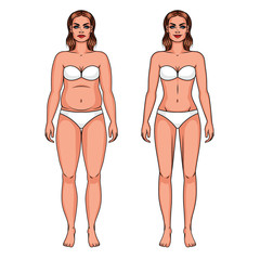 Vector color illustration of a overweight girl and slim girl. Conceptual poster about losing weight. Transformation of the female body. Girl in underwear standing in front isolated from background