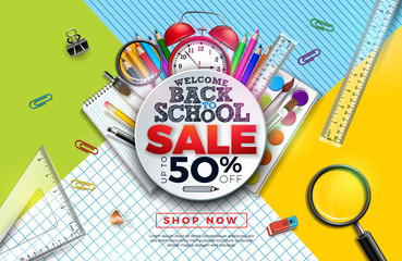 Back to School Sale Design with Colorful Pencil, Alarm Clock, Brush and other Learning Items on Abstract Background. Vector Illustration with Special Offer Typography Elements for Coupon, Voucher