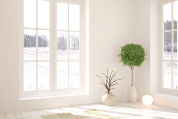 Mock up of empty room in white color with winter landscape in window. Scandinavian interior design. 3D illustration