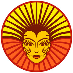 Red yellow woman's face with tribal ornaments and sun rays on background.