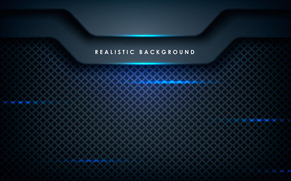 Blue abstract dimension on black texture background. Realistic overlap layers texture with blue lights element decoration.