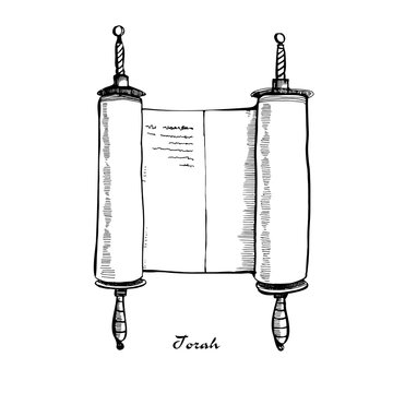 Torah scroll book bible shavuot illustration.Ancient scroll parchment with wooden handles.Hand drawn sketch.