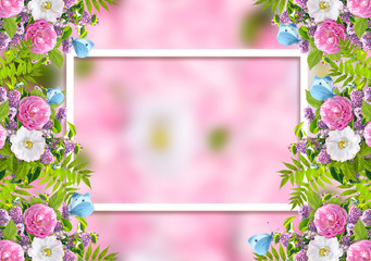 Beautiful floral garland consists of lilacs flowers, dog rose (briar), green leaves, blue butterflies and frame on blurred pink background. Copy space for photo or text.