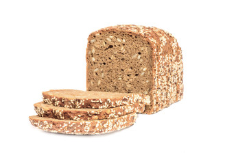 Loaf of fresh sliced multigrain gluten free bread with sesame, flax seeds, isolated on white.