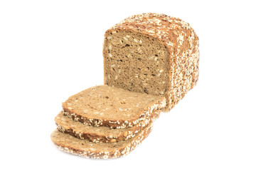 Loaf of fresh sliced multigrain gluten free bread with sesame, flax seeds, isolated on white.
