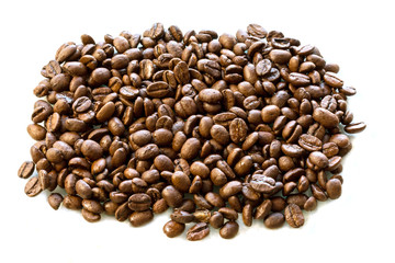 Texture of coffee beans and water droplets, isolated on white background