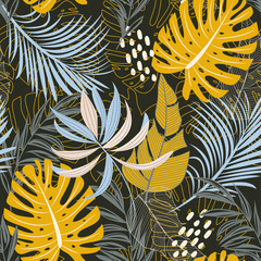 Trend abstract seamless pattern with colorful tropical leaves and plants on a gray background. Vector design. Jungle print. Floral background. Printing and textiles. Exotic tropics. Fresh design.