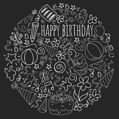 Set of cute creative card templates with birthday theme design. Hand Drawn card for holiday, party invitations. Vector illustration. Monochrome chalk drawing on blackboard.