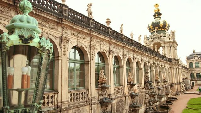Ronin shot of famous Zwinger palace (Der Dresdner Zwinger) Art Gallery of Dresden. Colorful spring scene in Dresden, Saxony, Germany, Europe. 4k video. Wide angle, prores, slow motion
