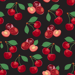 Cherry fruits seamless pattern, Fresh organic food, Red fruits berry pattern on black. Vector illustration.