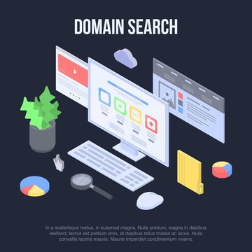 Domain search concept banner. Isometric illustration of domain search vector concept banner for web design