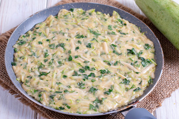Frying pan with tasty thin pancakes with greens