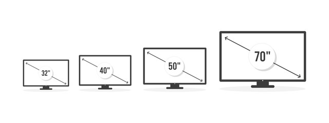 Smart TV icon set. Diagonal screen size in 32, 40, 50 and 70 inches. Lcd television display. Computer monitor. Vector illustration, flat design - obrazy, fototapety, plakaty