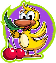 Cartoon style yellow duckling with the two cherries, vector cartoon character.