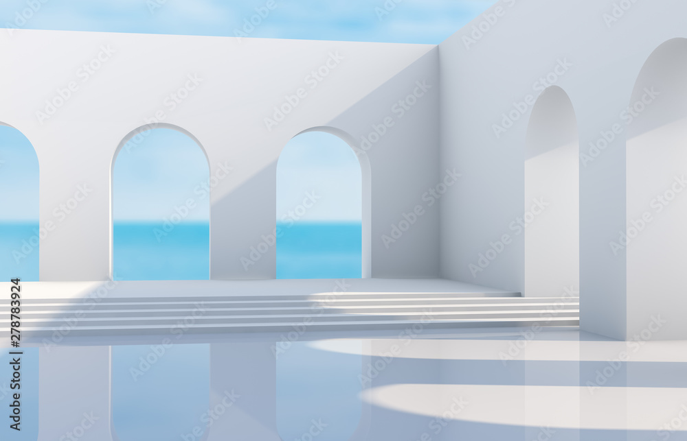 Aufkleber scene with geometrical forms, arch with a podium in natural day light. minimal landscape background.