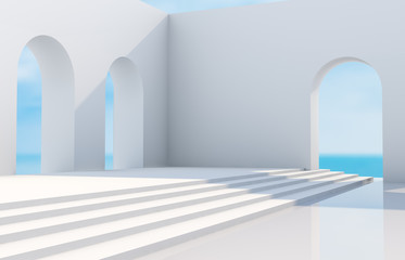 Scene with geometrical forms, arch with a podium in natural day light. minimal landscape background. sea view. 3D render background.
