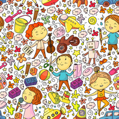 Painted by hand style seamless pattern on the theme of childhood. Vector illustration for children design.