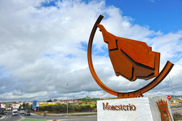 Roundabout with sculpture of Iberian ham at the entrance of Monesterio, a village in Way to...
