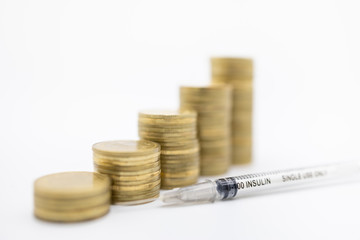 Close up of insulin syringe for control blood sugar level with stack of gold coins using as Medicine, diabetes, glycemia, health care and money concept.