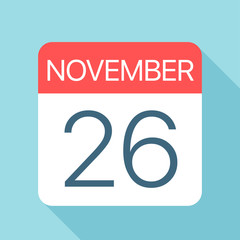 November 26 - Calendar Icon. Vector illustration of one day of month