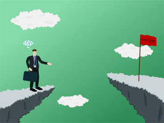 Confuse businessman standing at the cliff and don't know how to across to success flag