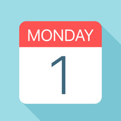 Monday 1 - Calendar Icon. Vector illustration of week day paper leaf. Calendar Template