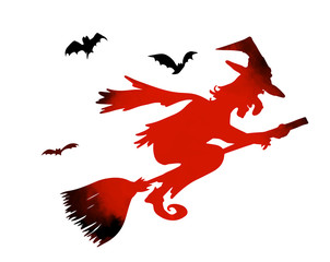 The silhouette of a witch flying on a broom. Happy Halloween. Vector illustration
