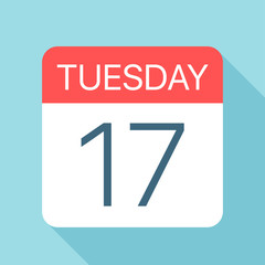 Tuesday 17 - Calendar Icon. Vector illustration of week day paper leaf. Calendar Template