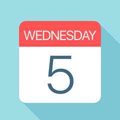 Wednesday 5 - Calendar Icon. Vector illustration of week day paper leaf. Calendar Template
