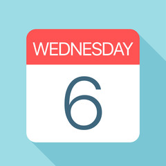 Wednesday 6 - Calendar Icon. Vector illustration of week day paper leaf. Calendar Template