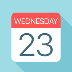 Wednesday 23 - Calendar Icon. Vector illustration of week day paper leaf. Calendar Template