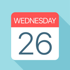 Wednesday 26 - Calendar Icon. Vector illustration of week day paper leaf. Calendar Template