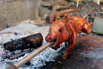 Just roasted suckling pig on a spit