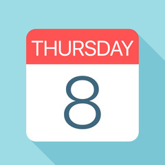 Thursday 8 - Calendar Icon. Vector illustration of week day paper leaf. Calendar Template