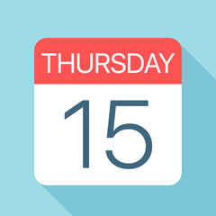Thursday 15 - Calendar Icon. Vector illustration of week day paper leaf. Calendar Template