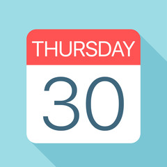 Thursday 30 - Calendar Icon. Vector illustration of week day paper leaf. Calendar Template