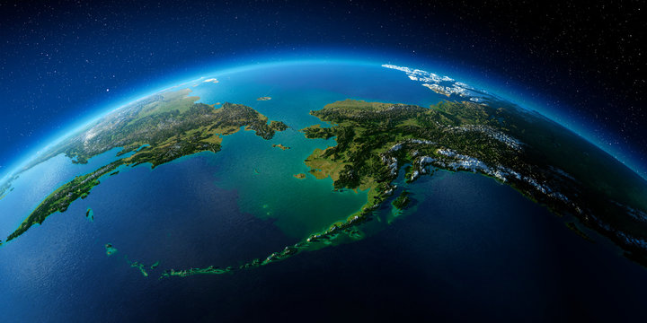 Highly detailed Earth. Chukotka, Alaska and the Bering Strait