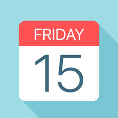 Friday 15 - Calendar Icon. Vector illustration of week day paper leaf. Calendar Template