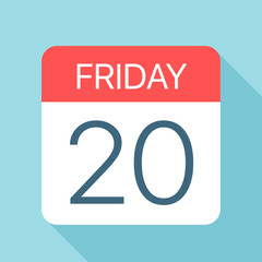 Friday 20 - Calendar Icon. Vector illustration of week day paper leaf. Calendar Template