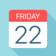 Friday 22 - Calendar Icon. Vector illustration of week day paper leaf. Calendar Template