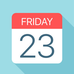 Friday 23 - Calendar Icon. Vector illustration of week day paper leaf. Calendar Template