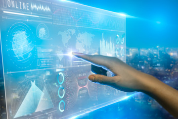 Businessman analysis on digital screen,technological digital futuristic virtual interface,business strategy and Big data concept.Business intelligence,technology on virtual screen digital holographic.