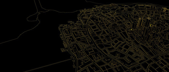 black low poly city with orange outlines