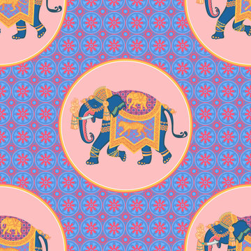 Indian elephant. Vector graphics. Decorative image. Seamless pattern