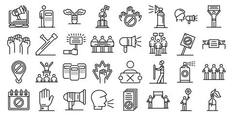 Protest icons set. Outline set of protest vector icons for web design isolated on white background