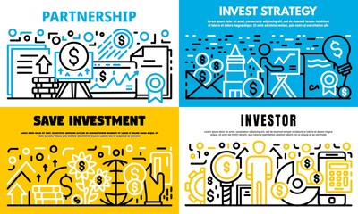 Invest strategy banner set. Outline set of invest strategy vector banner for web design