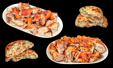 Plateful of Gourmet Tender Juicy Crunchy Spit Roasted Pork Meat Slices with Traditional Freshly Oven Baked Pita Leavened Flatbread Loaves Isolated on Black Background