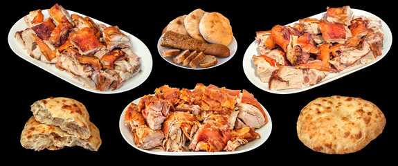 Plateful of Gourmet Spit Roasted Pork Meat Slices with Traditional Pita Leavened Flatbread and Brown Wholewheat Integral Bread Loaves Isolated on Black Background