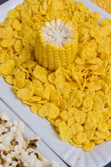 Raw corn cob, popcorn and cornflakes, top view.